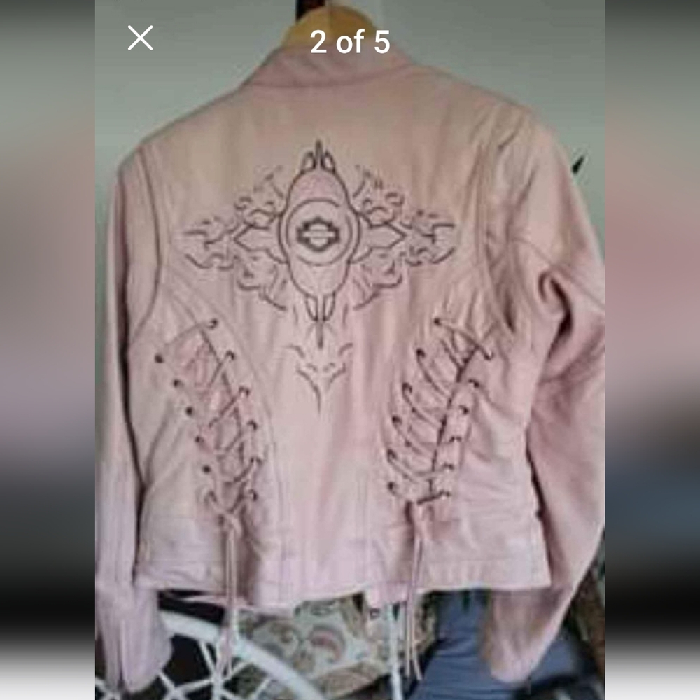 2pce Harley-Davidson Light Pink Embroidered Lace-Up Leather Jacket & Chaps Set